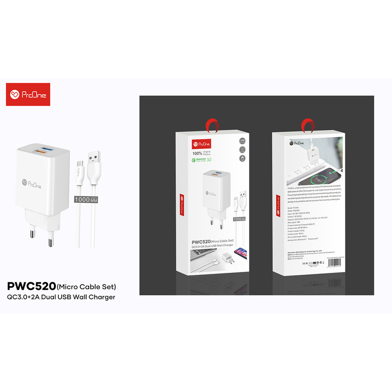 نمای جعبه شارژر دیواری پرووان مدل PWC520 به همراه کابل تبدیل microusb 