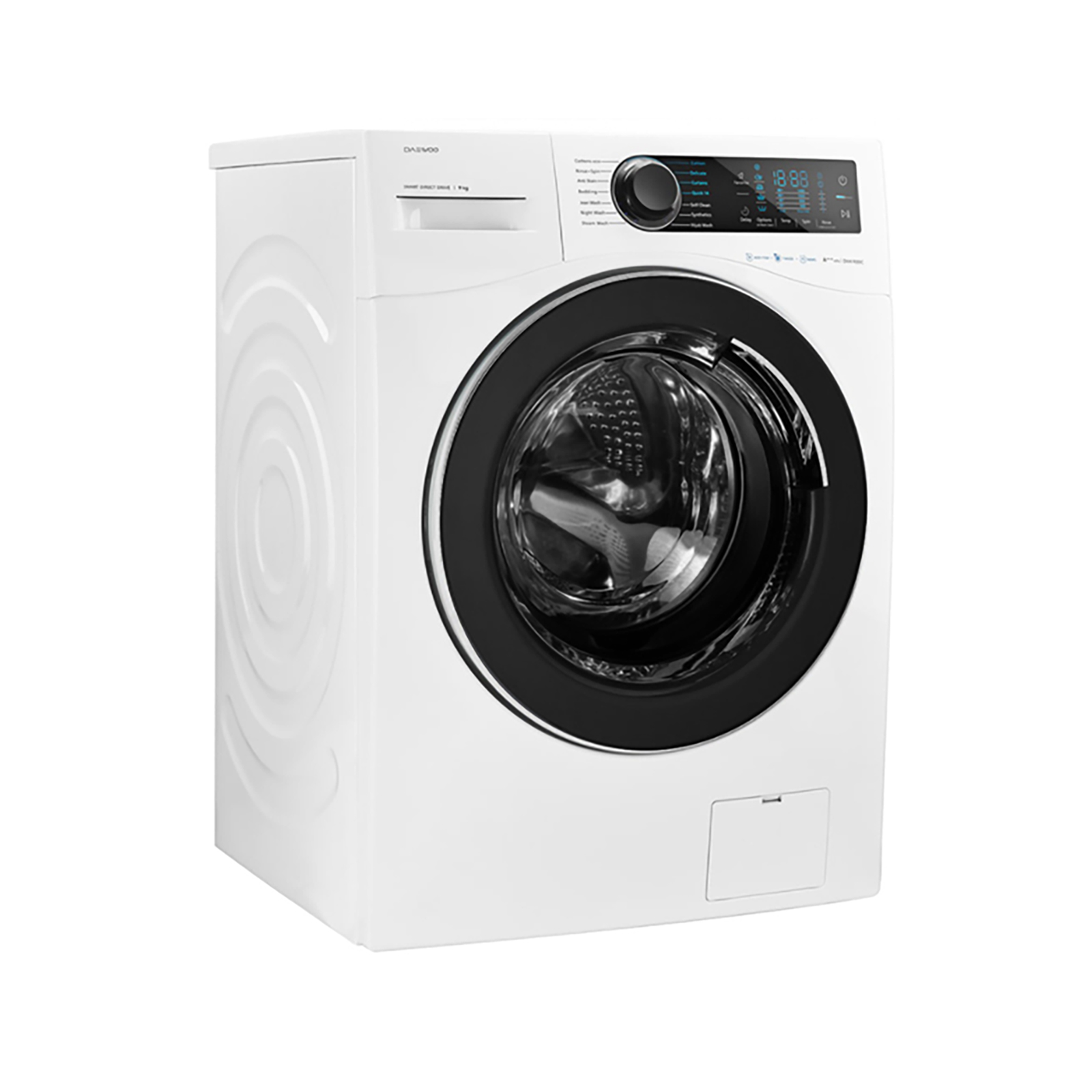 ماشین لباسشویی دوو مدل DWK-SE990C ظرفیت 9 کیلوگرم از نمای سه رخ	